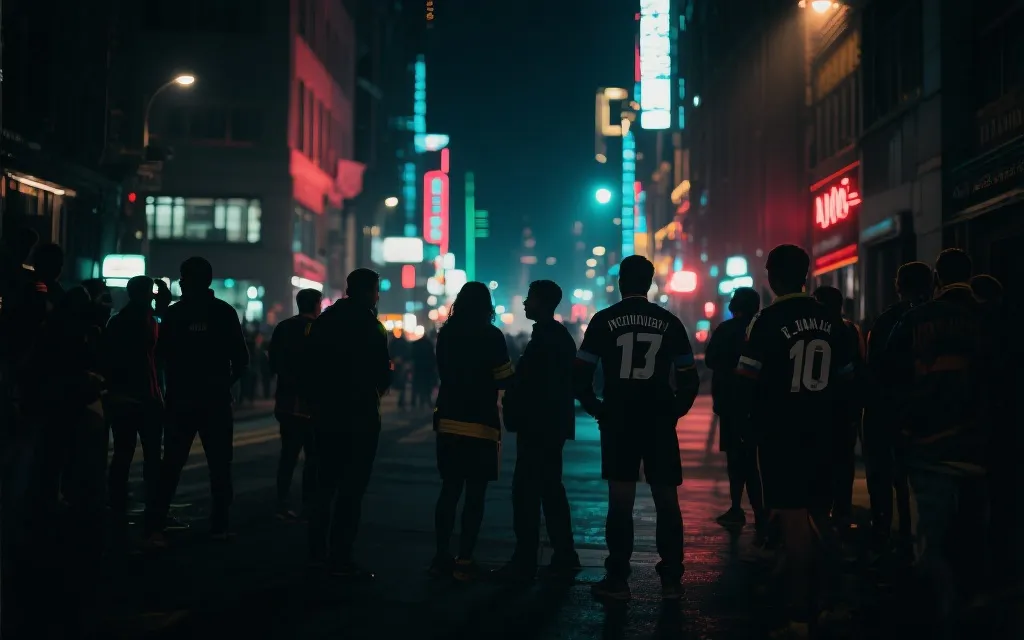 夜晚的球迷氛围与灯光街区，体现迈阿密世界杯观赛的城市情绪