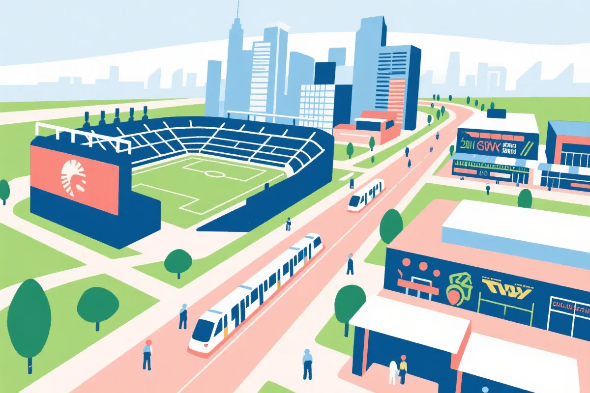 城市运营视角的赛事消费走廊示意：交通枢纽、步行街、场馆与夜间经济