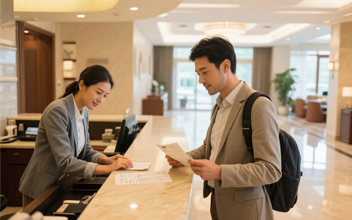 旅行者在前台核对账单与押金条款，明亮安全的酒店大堂