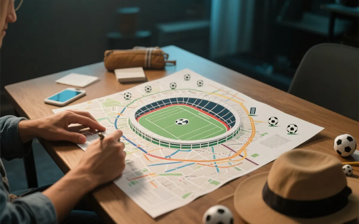 北美看球订票与住宿地图化规划示意：机场、交通线、商圈与球场动线